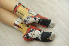 -166 Slim Тонкие шерстяные носки. Коты Фудзи. Непара.