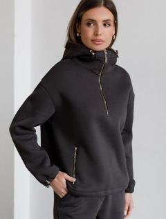 Толстовка халф-зип (half-zip) с капюшоном из премиального футера трехнитки с начесом D49.186 — черный